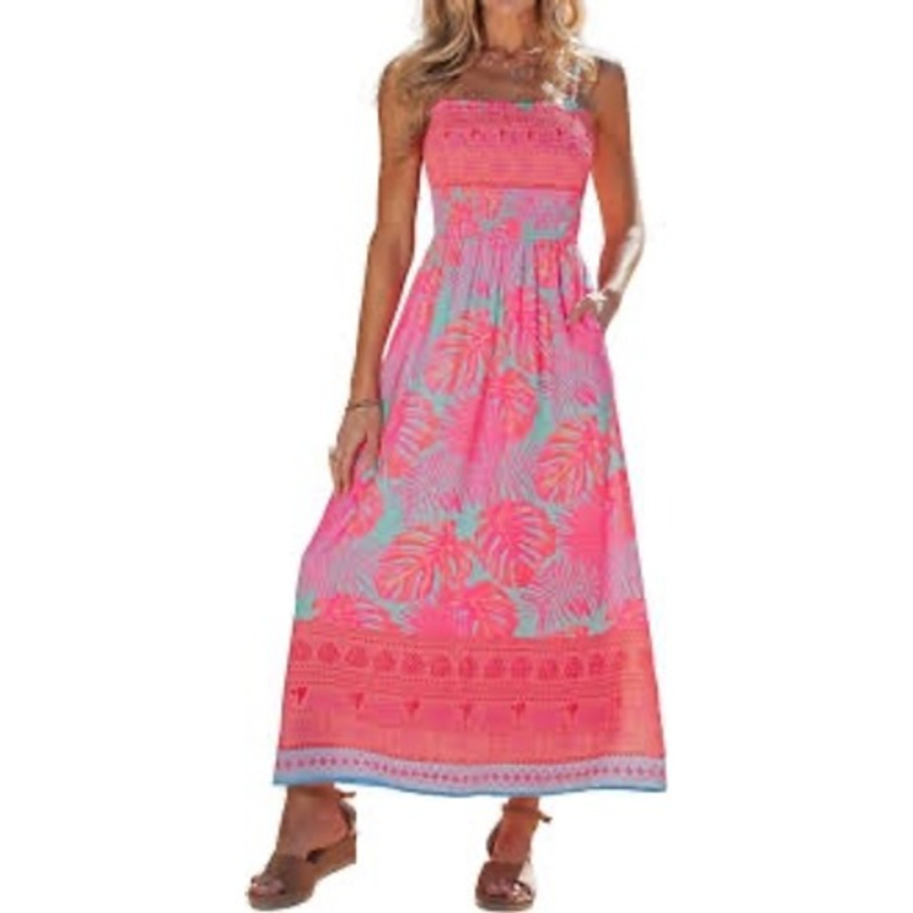 Popvil Womens XL Tropical Palm Print Smocked Maxi Dress Pink Orange Blue NWT